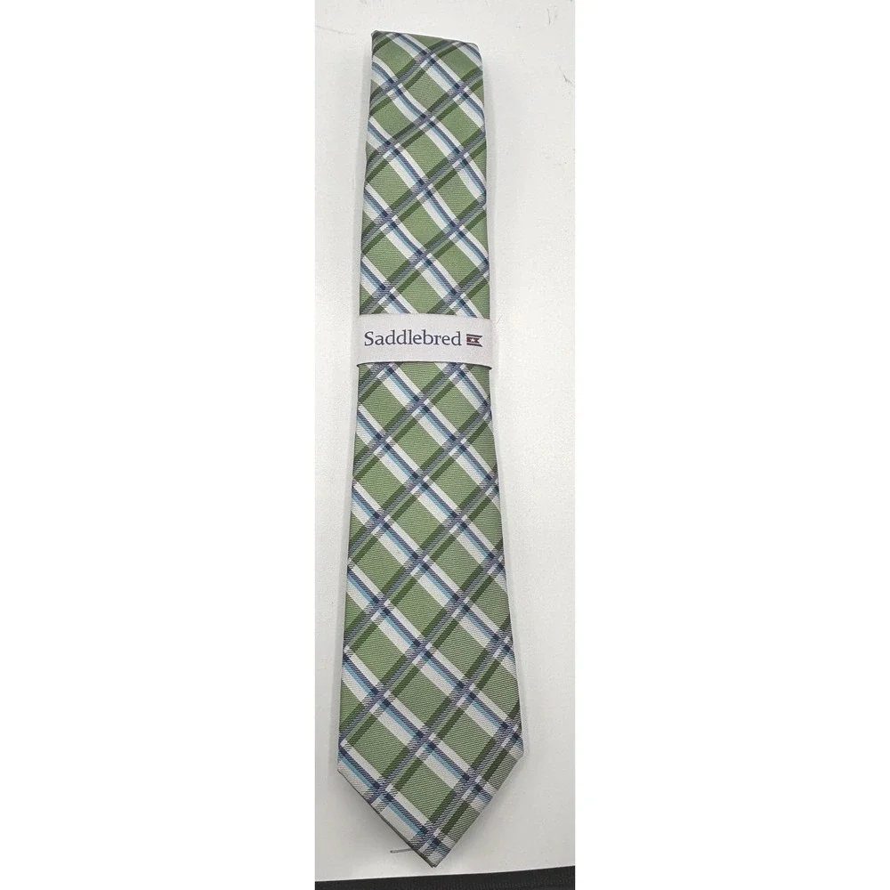 Saddlebred Men's Silk Tie Green Blue White Plaid Handcrafted NWT $45 Retail